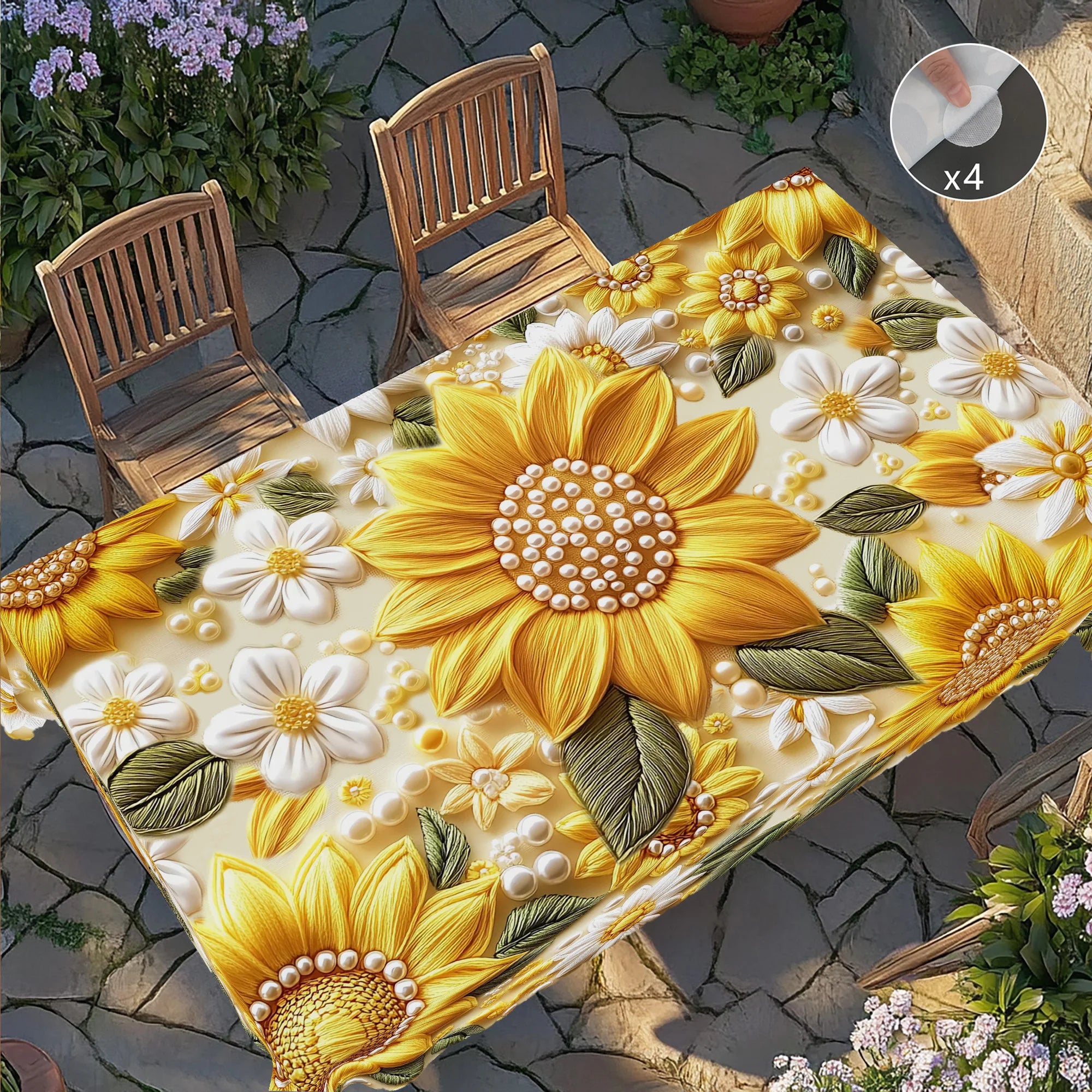 Toalha de Mesa 3D com Flores Amarelas e Pérolas