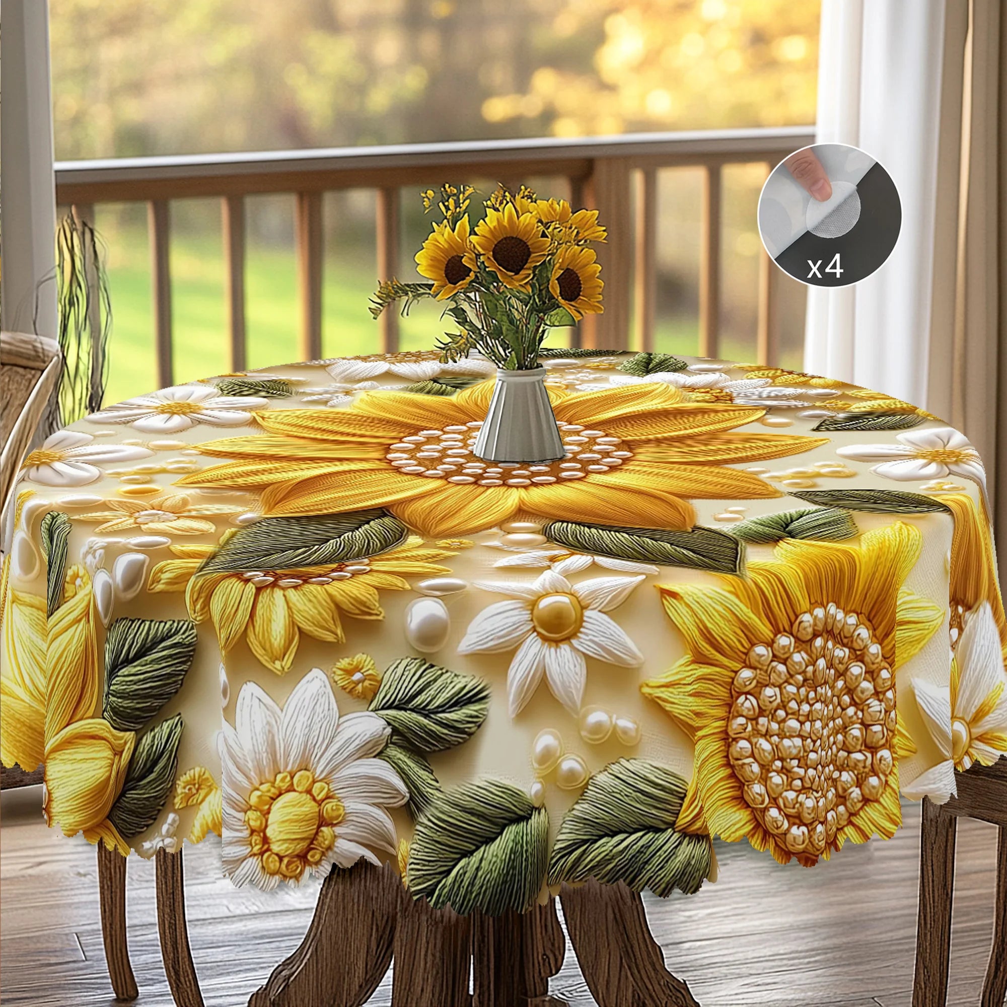 Toalha de Mesa 3D com Flores Amarelas e Pérolas