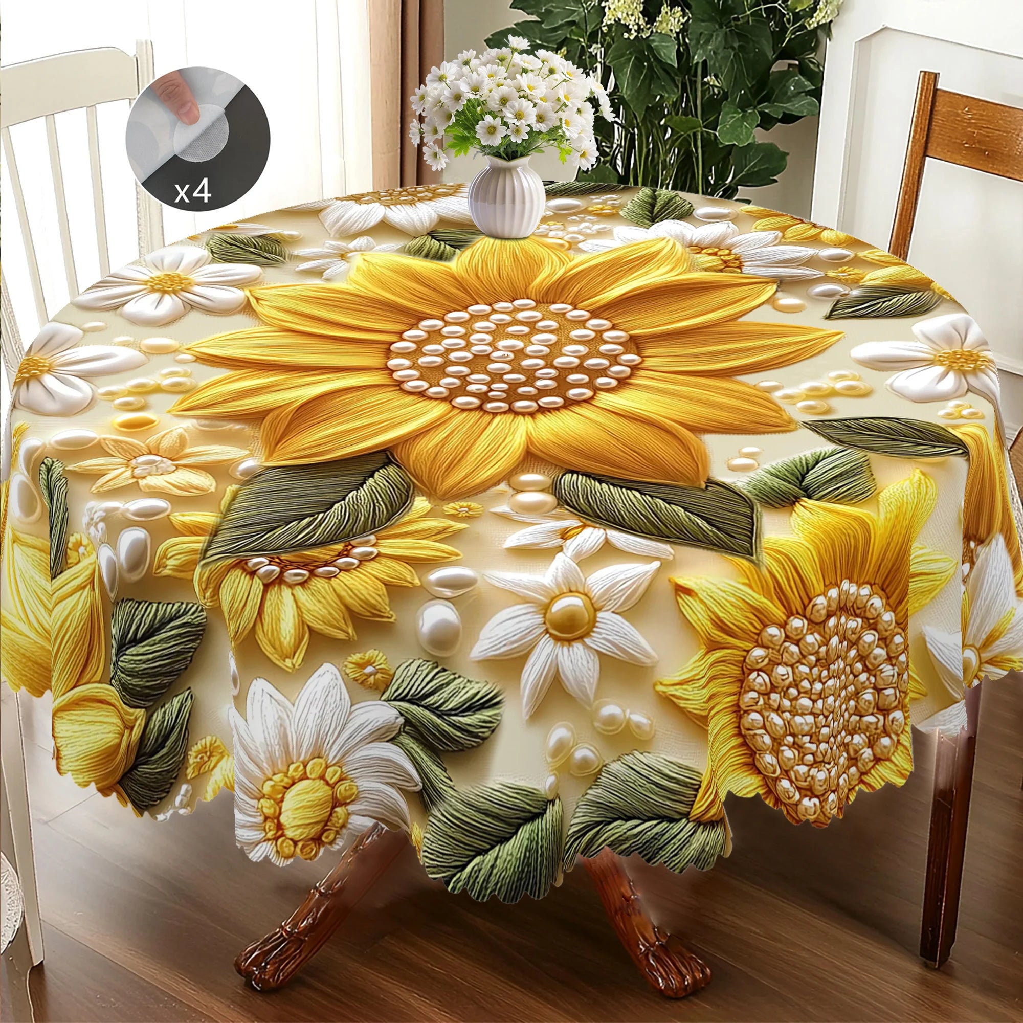Toalha de Mesa 3D com Flores Amarelas e Pérolas