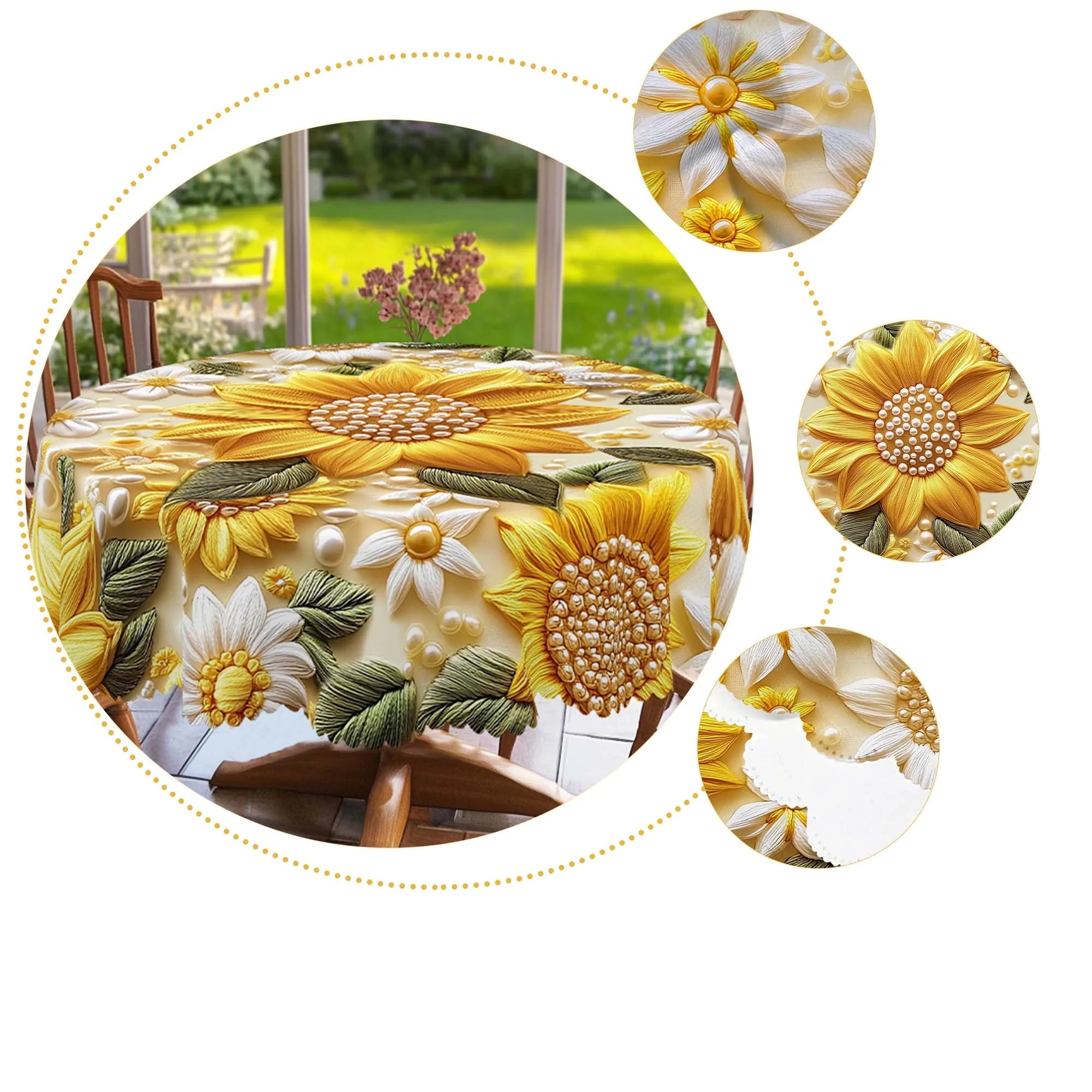 Toalha de Mesa 3D com Flores Amarelas e Pérolas