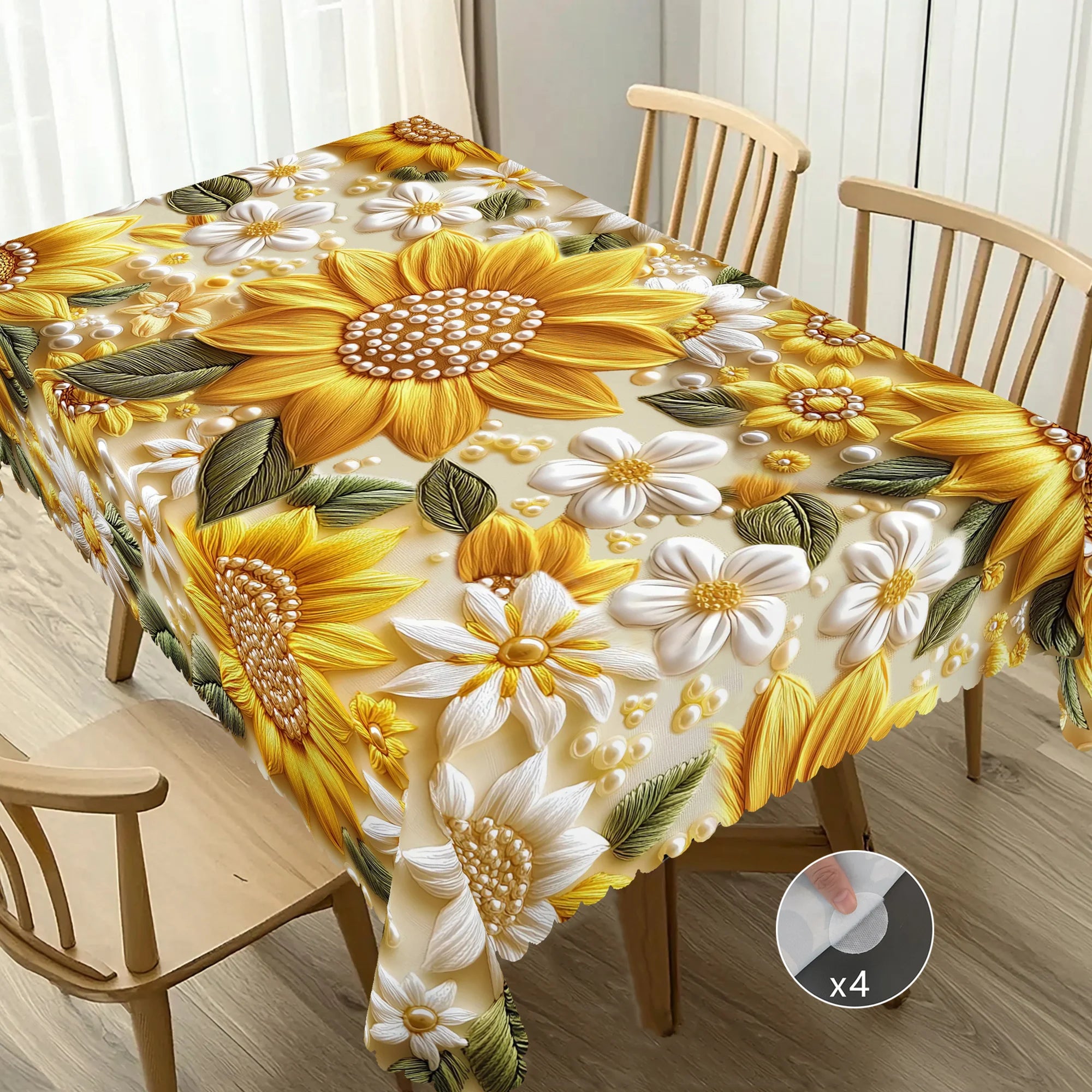 Toalha de Mesa 3D com Flores Amarelas e Pérolas